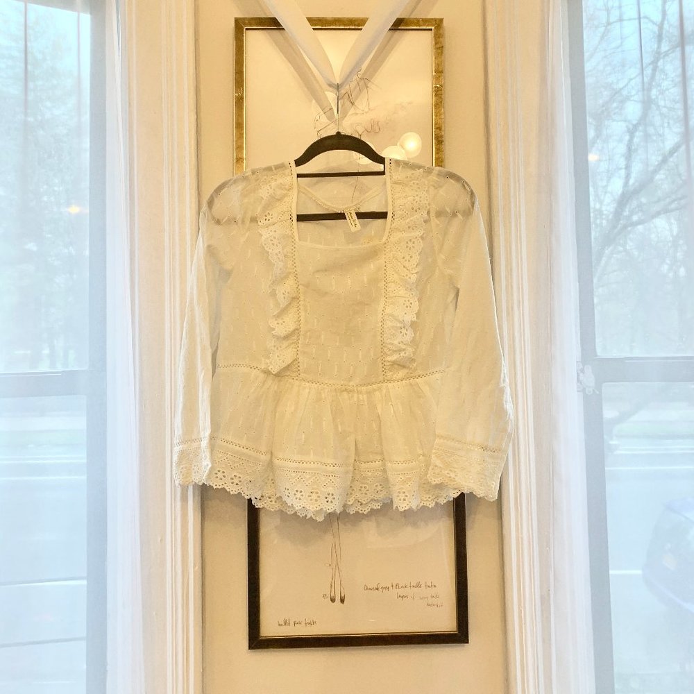 Anthropologie White Eyelet Peplum Lace Blouse
